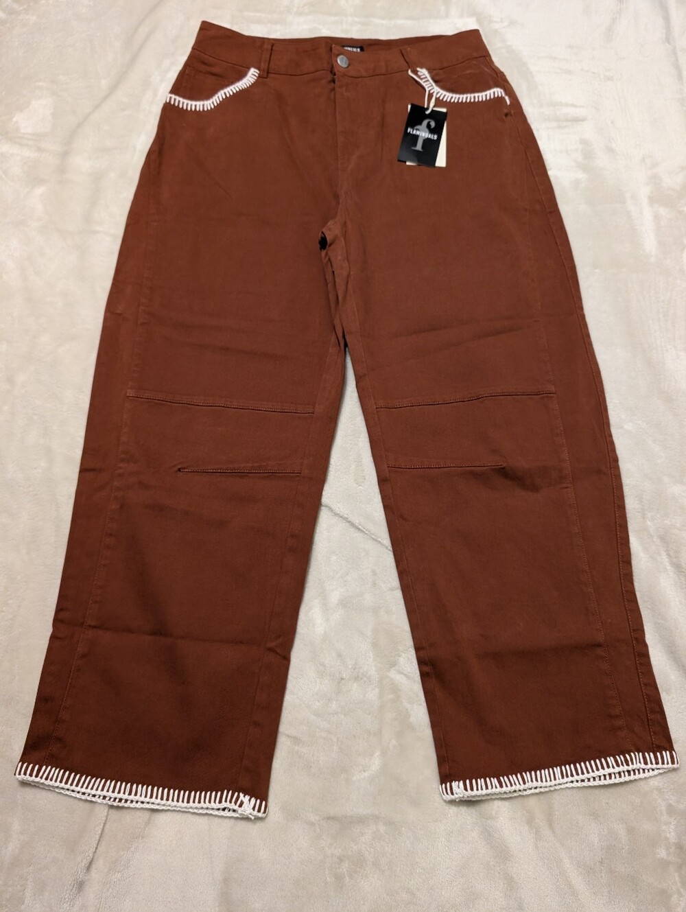 Flamingals Contrast Stitch Mid Rise Barrel Leg Pants NWT Large - Picture 5 of 10